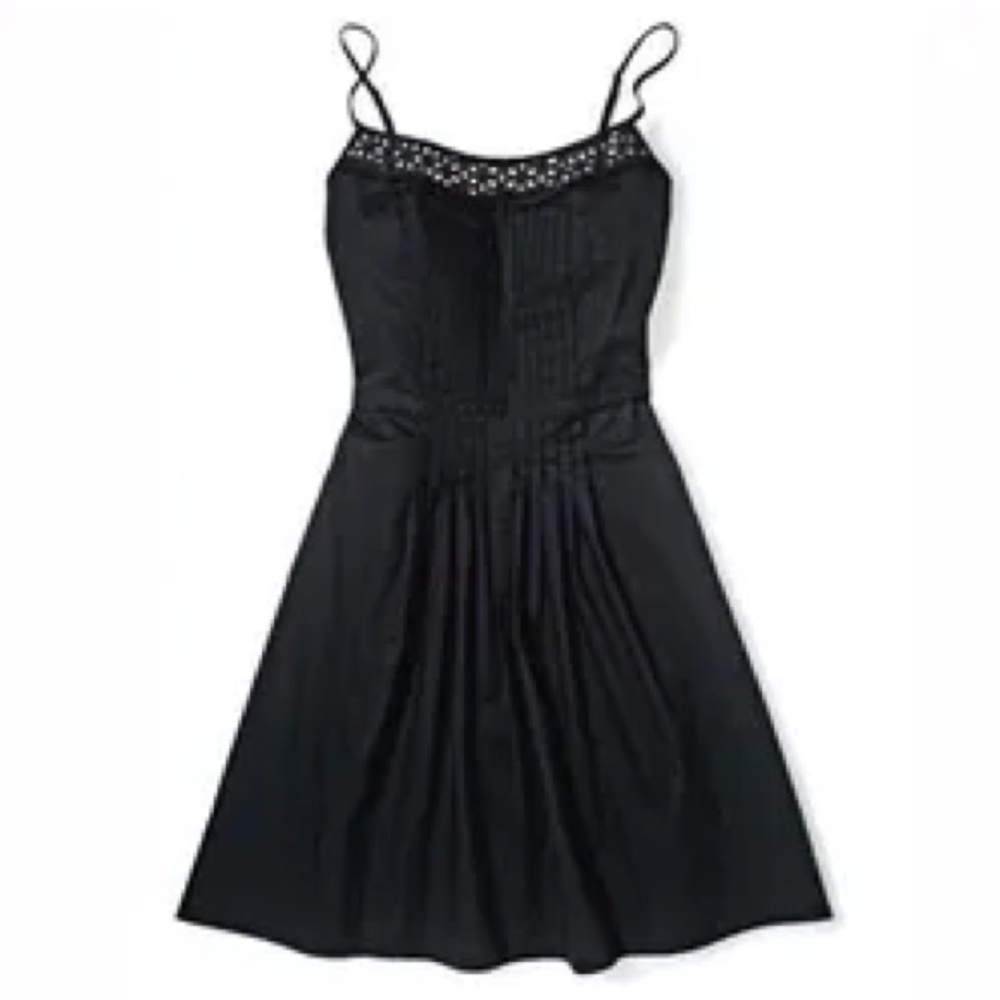 NWT Loft Eyelet Pleated A Line Cotton Spaghetti Strap Dress Summer Black Sz 14